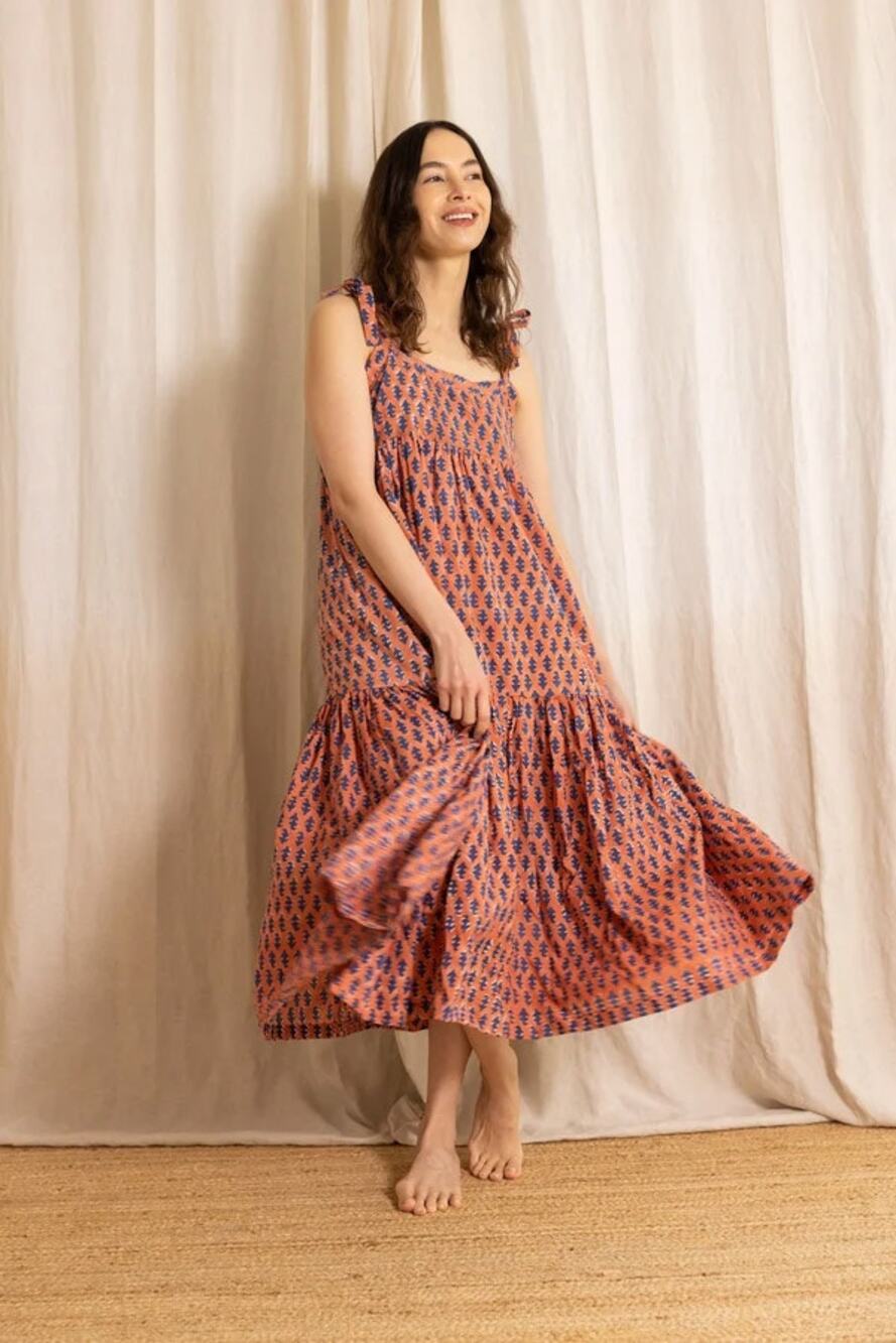 Lekha Ansha Coral Block Print Tiered Midi Dress Extra Large XL